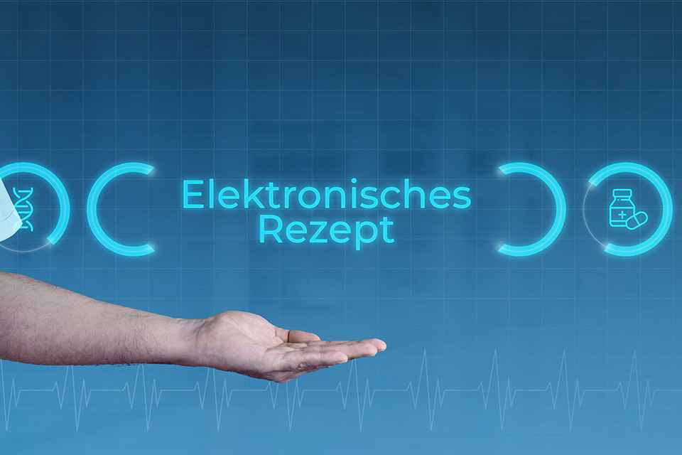 Foto: Aufgehaltene Hand unter Schriftzug Elektronisches Rezept